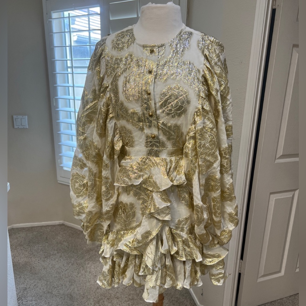 Metallic‎ Gold Jacquard Ruffles Balloon sleeves Mini formal wedding Guest Dress